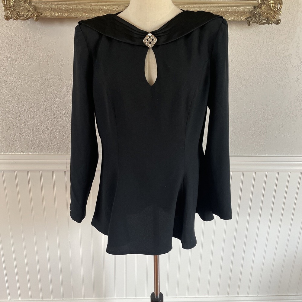 Vtg 1980s Evening Black Blouse Rhinestone Brooch Shoulder Pads Sz L Morton Myles